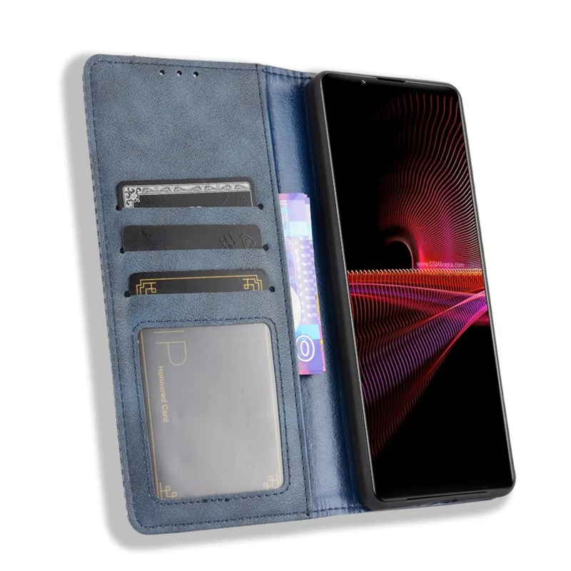 Copertina Per Cellulare in Pelle Magnetica in Stile Vintage Con Supporto Per Sony Xperia 1 III 5G - Blu