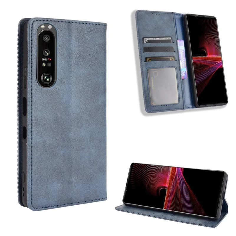 Copertina Per Cellulare in Pelle Magnetica in Stile Vintage Con Supporto Per Sony Xperia 1 III 5G - Blu