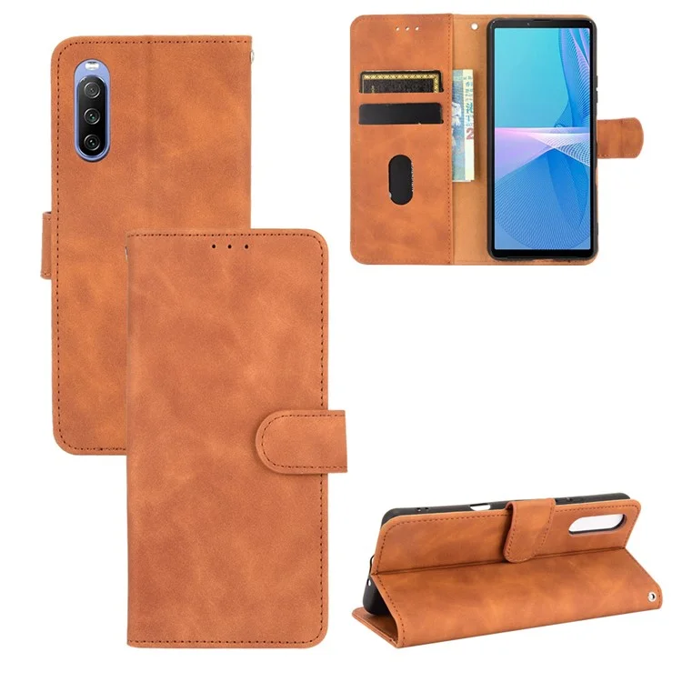 Skin-touch Feeling Leather Wallet Case Phone Cover with Supporting Stand for Sony Xperia 10 III 5G - Brown