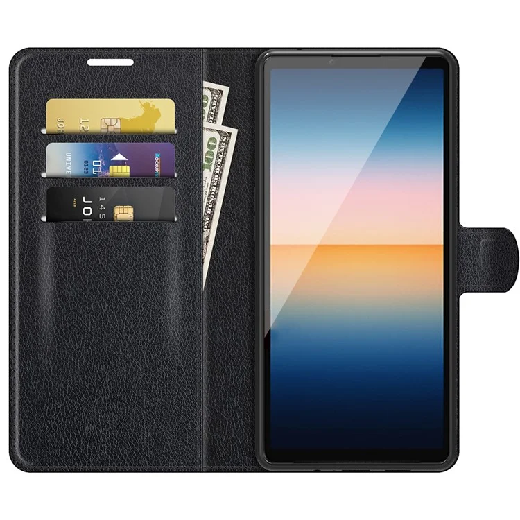 Litchi Skin Stand Stand Leather Protection Case Para Sony Xperia 10 III 5G / Xperia 10 III Lite - Preto