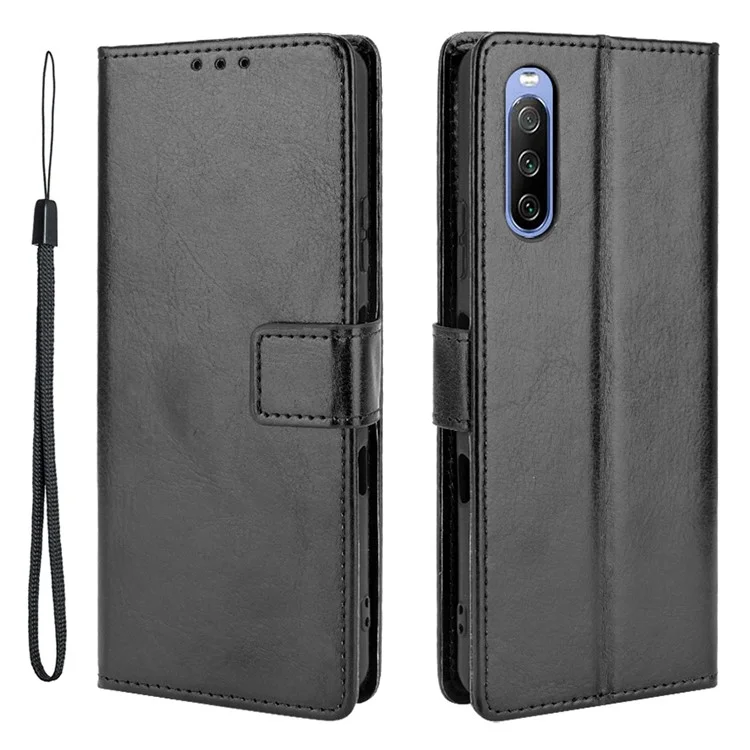 Crazy Horse Skin with Wallet Stand Leather Shell with Strap for Sony Xperia 10 III 5G - Black