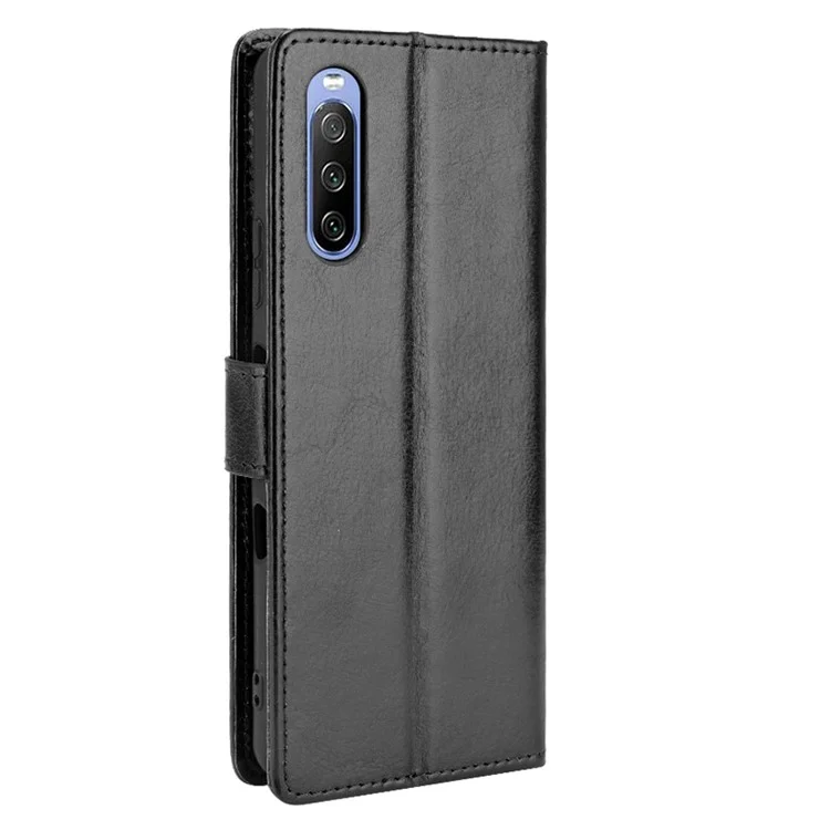 Crazy Horse Skin with Wallet Stand Leather Shell with Strap for Sony Xperia 10 III 5G - Black