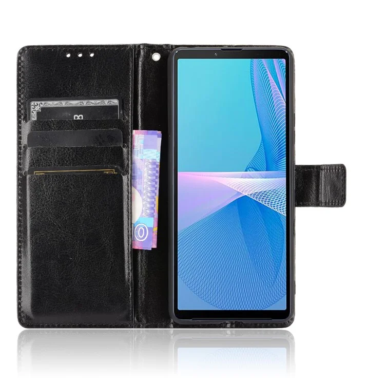 Crazy Horse Skin with Wallet Stand Leather Shell with Strap for Sony Xperia 10 III 5G - Black