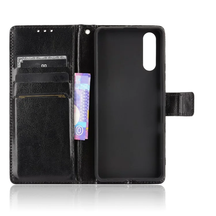 Crazy Horse Skin with Wallet Stand Leather Shell with Strap for Sony Xperia 10 III 5G - Black