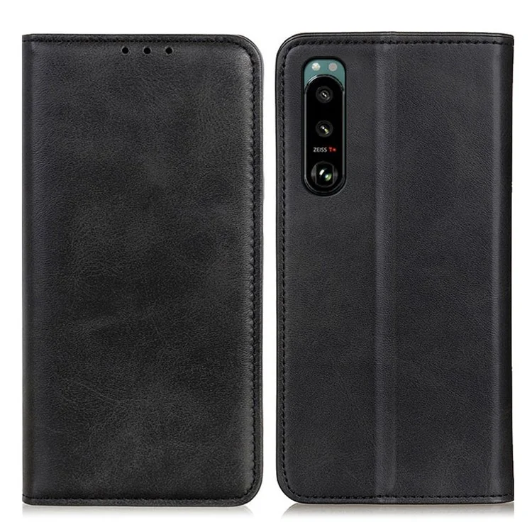 Carteira de Couro Split Auto-Absorvente com Capa de Telefone com Suporte para Sony Xperia 5 III 5G - Preto