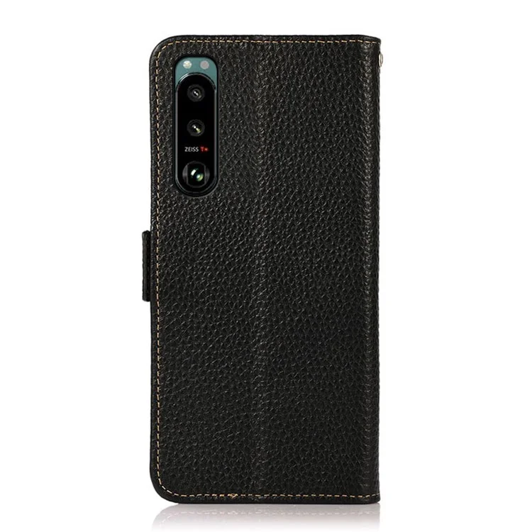 Khazneh Litchi Textur Echtes Leder RFID Blockieren Gut Geschütztes Telefongehäuse Mit Anti-dieft-swiping-design Für Sony Xperia 5 III 5G - Schwarz