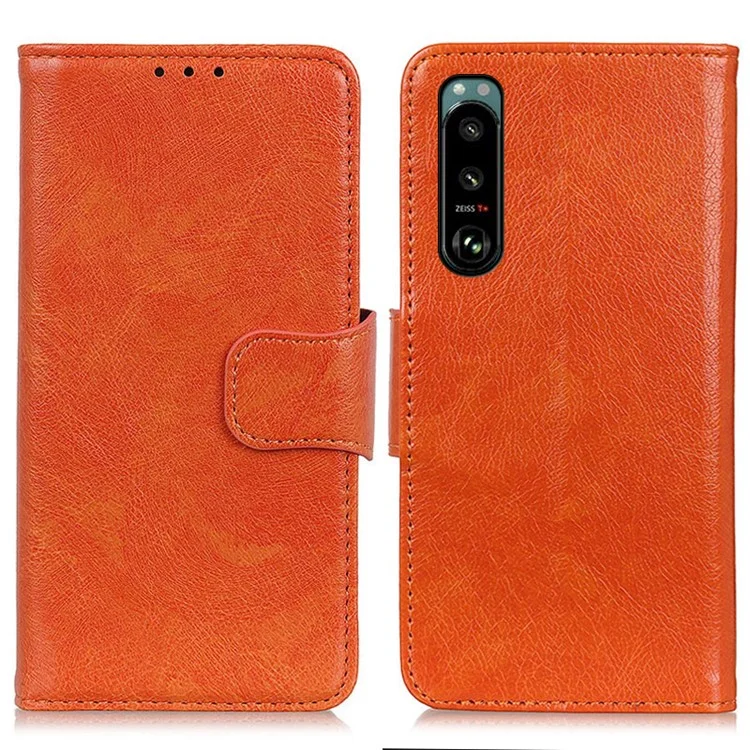 Full-Protection Nappa Texture Wallet Design Split Leather Stand Phone Cover Shell for Sony Xperia 5 III 5G - Orange