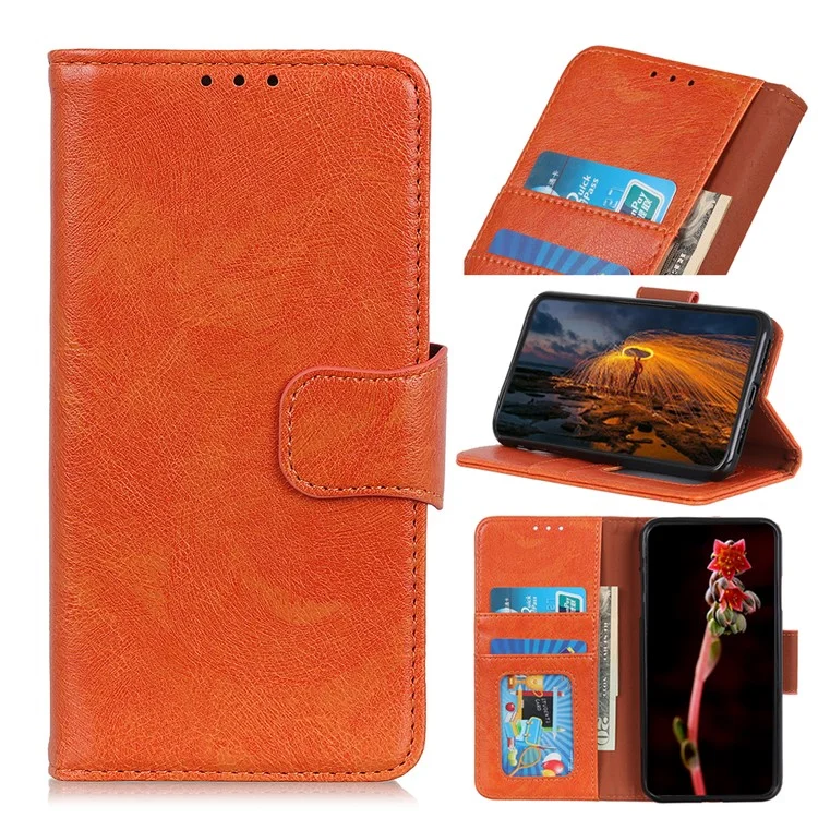Full-Protection Nappa Texture Wallet Design Split Leather Stand Phone Cover Shell for Sony Xperia 5 III 5G - Orange