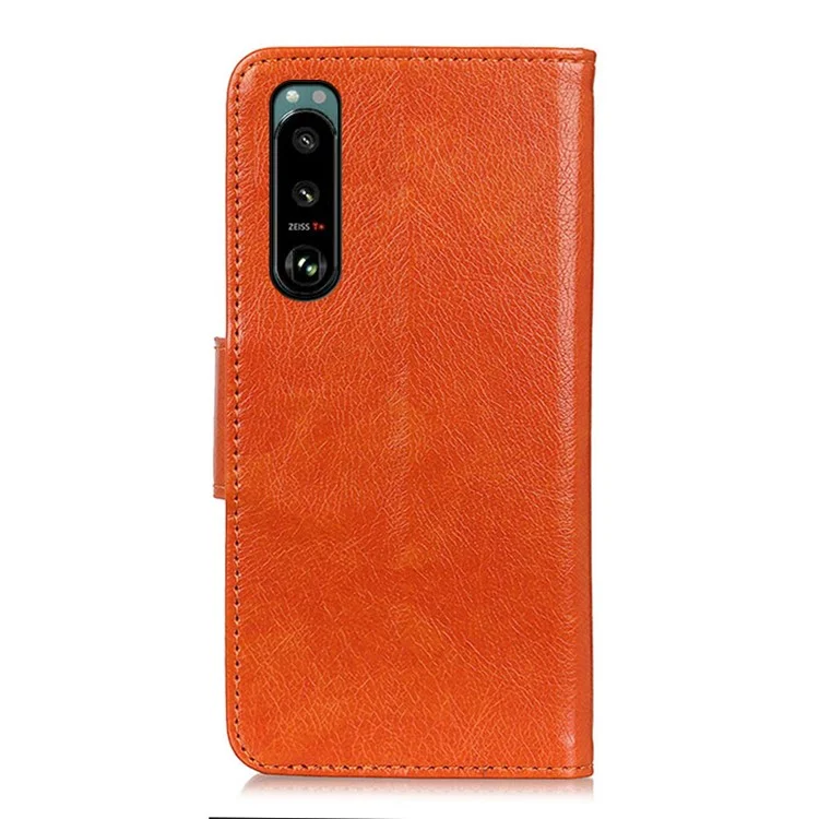 Full-Protection Nappa Texture Wallet Design Split Leather Stand Phone Cover Shell for Sony Xperia 5 III 5G - Orange