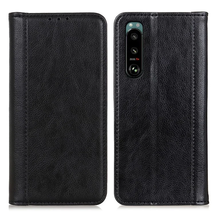 Capa de Couro Partido com Textura de Lichia Auto-absorvida, Suporte com Carteira para Sony Xperia 5 III 5G - Preto