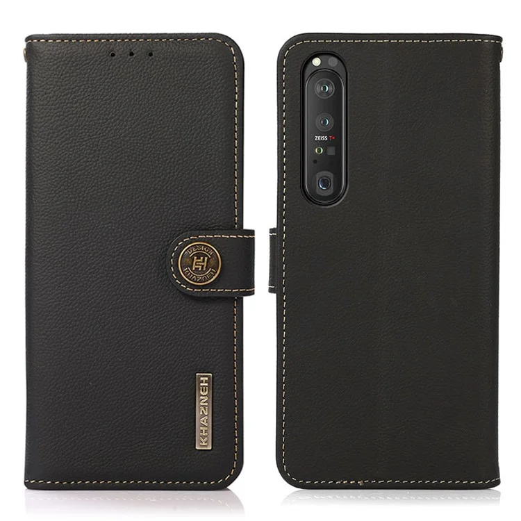 KHAZNEH Capa de Couro Genuíno Texturizado com Design Anti-Roubo RFID para Sony Xperia 1 III 5G - Azul
