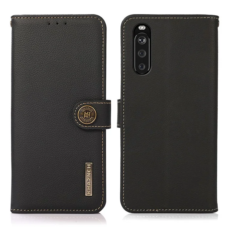 KHAZNEH Funda de teléfono móvil de cuero genuino con textura y diseño antirrobo RFID para Sony Xperia 10 III 5G / Xperia 10 III Lite - Negro 