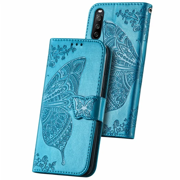 Gran Carcasa de la Billetera de Cuero Impresa de Mariposa Para Sony Xperia 10 III 5G - Azul