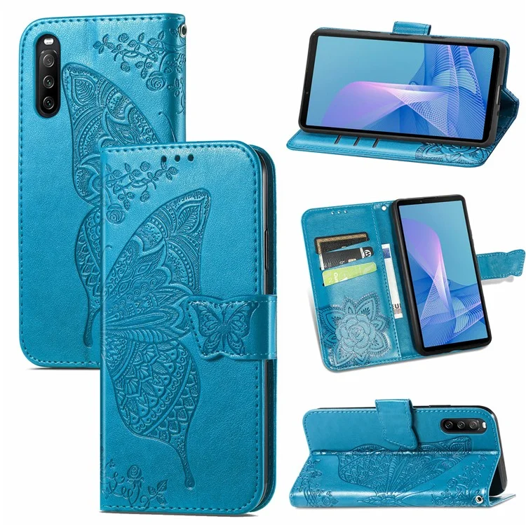 Gran Carcasa de la Billetera de Cuero Impresa de Mariposa Para Sony Xperia 10 III 5G - Azul