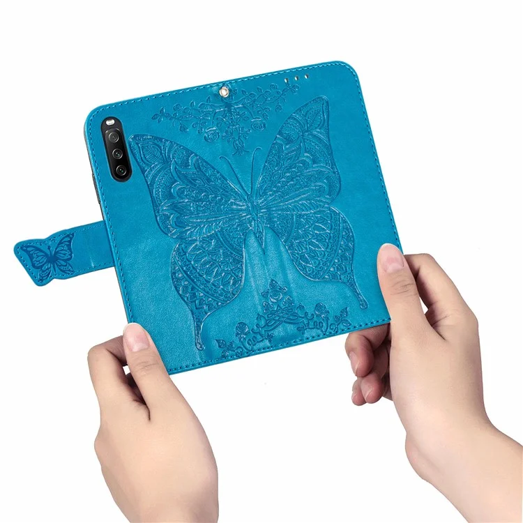 Gran Carcasa de la Billetera de Cuero Impresa de Mariposa Para Sony Xperia 10 III 5G - Azul