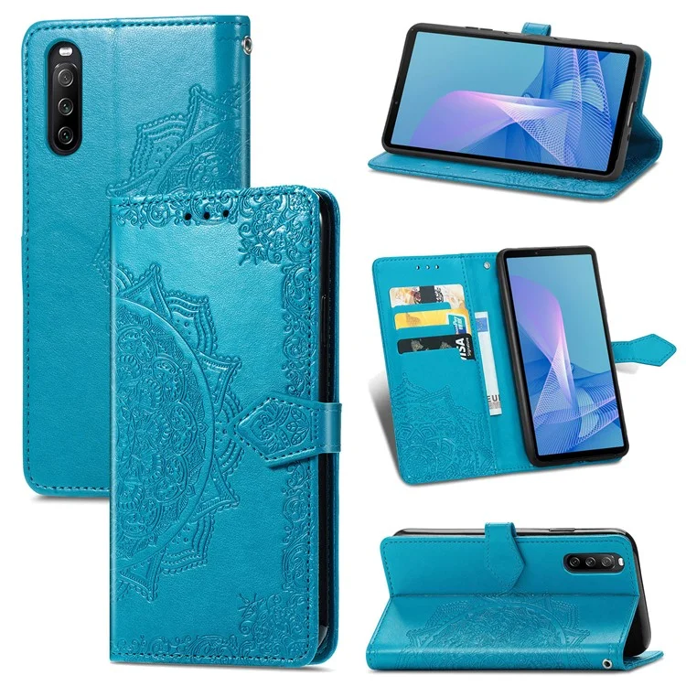 Imprinted Mandala Flower PU Leather Case with Wallet Stand Design for Sony Xperia 10 III 5G - Blue