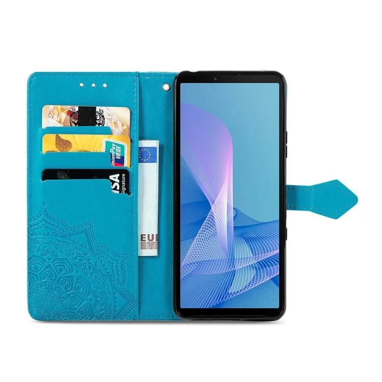 Custodia in Pelle PU Mandala Esprinted Con Design Per lo Stand Del Portafoglio Per Sony Xperia 10 III 5G - Blu