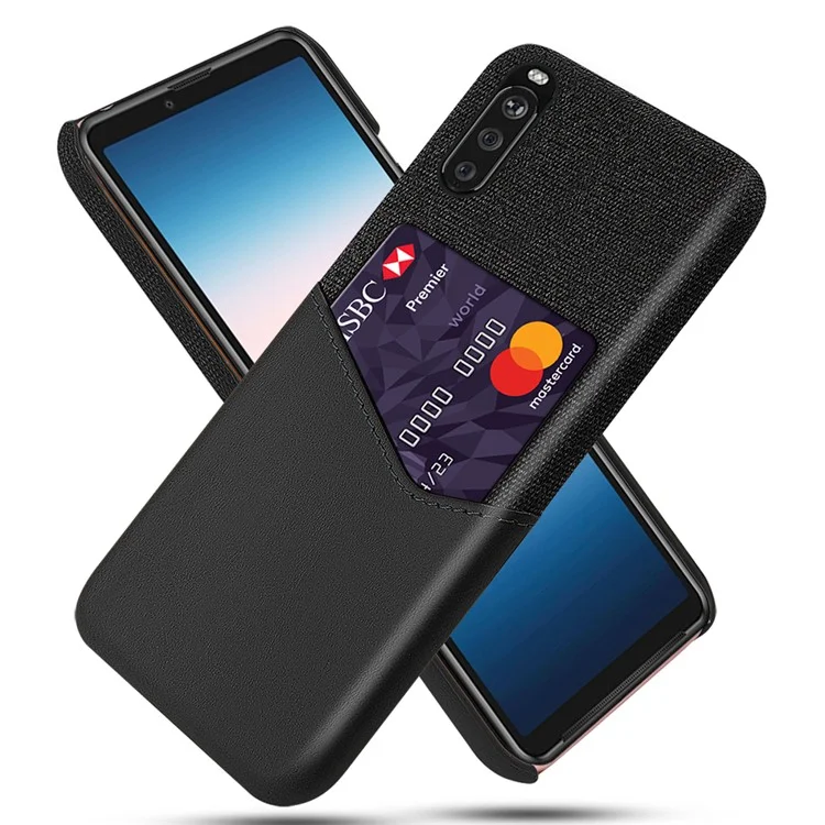 Étui en PC, cuir PU et tissu avec fente pour carte pour Sony Xperia 10 III 5G - Noir