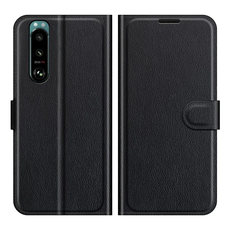 Para Sony Xperia 5 III 5G Litchi Skin Case de Teléfono PU Flip Soport Cover Cover de la Billetera - Negro