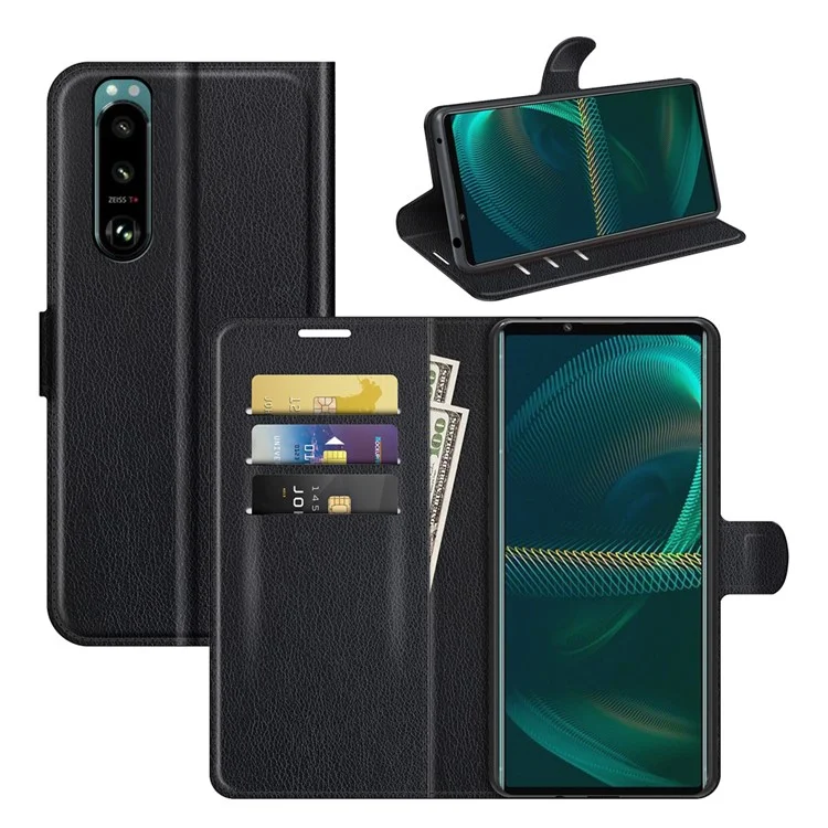 Para Sony Xperia 5 III 5G Litchi Skin Phone Case PU Couro Flip Stand Stand Cartet Tampa - Preto