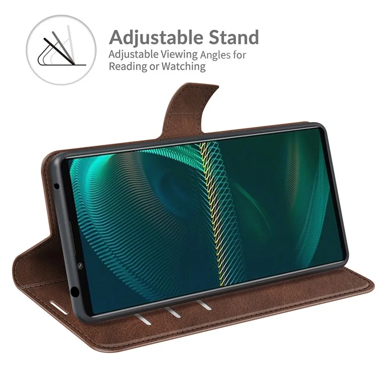 Para Sony Sony Xperia 5 III 5G PU Leather Wallet Stand Case Magnetic Square Clasp Protective Flip Phone Cover - Coffee