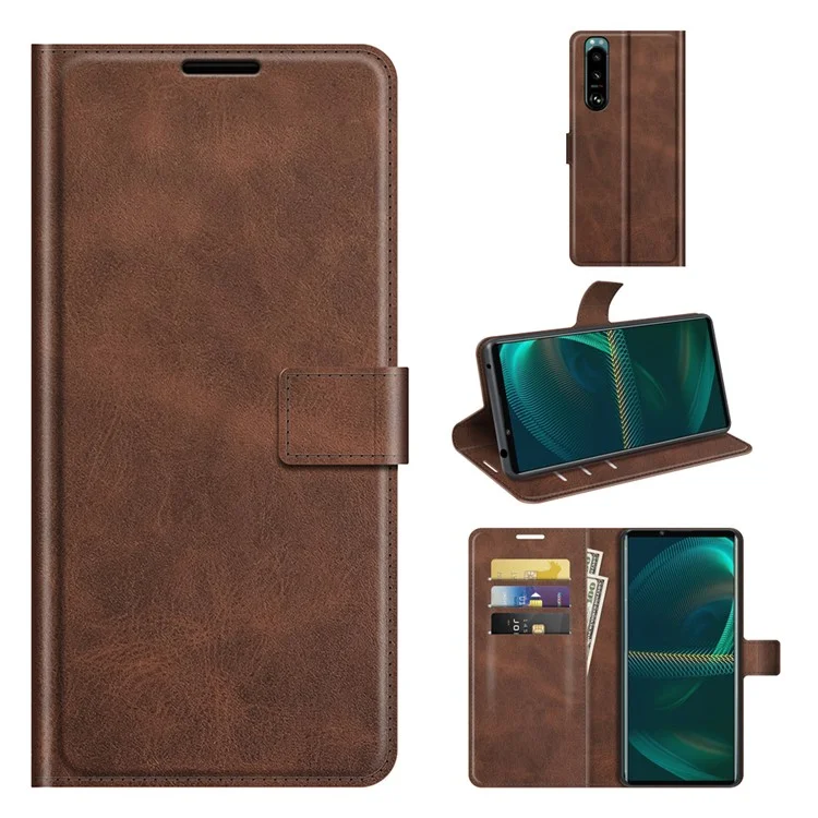 Para Sony Sony Xperia 5 III 5G PU Leather Wallet Stand Case Magnetic Square Clasp Protective Flip Phone Cover - Coffee