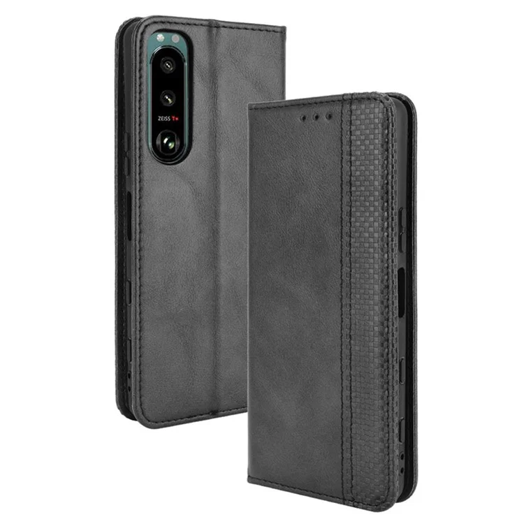 Vintage Style Leder Cover Stand Wallet Phone Case für Sony Xperia 5 III 5G - Schwarz