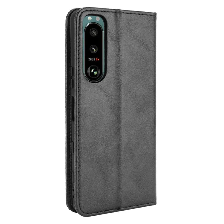 Vintage Style Leder Cover Stand Wallet Phone Case für Sony Xperia 5 III 5G - Schwarz