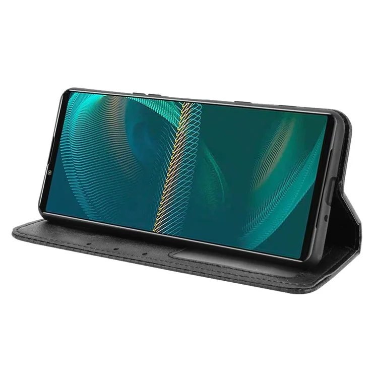 Vintage Style Leder Cover Stand Wallet Phone Case für Sony Xperia 5 III 5G - Schwarz
