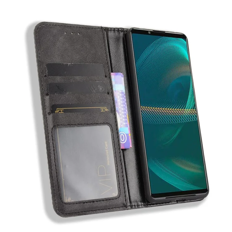 Vintage Style Leder Cover Stand Wallet Phone Case für Sony Xperia 5 III 5G - Schwarz