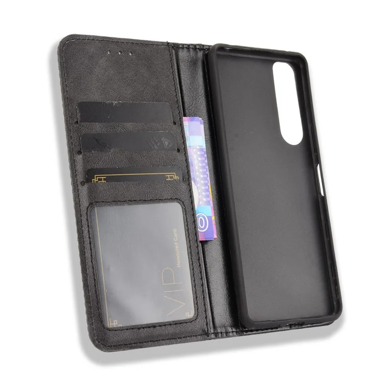 Vintage Style Leder Cover Stand Wallet Phone Case für Sony Xperia 5 III 5G - Schwarz