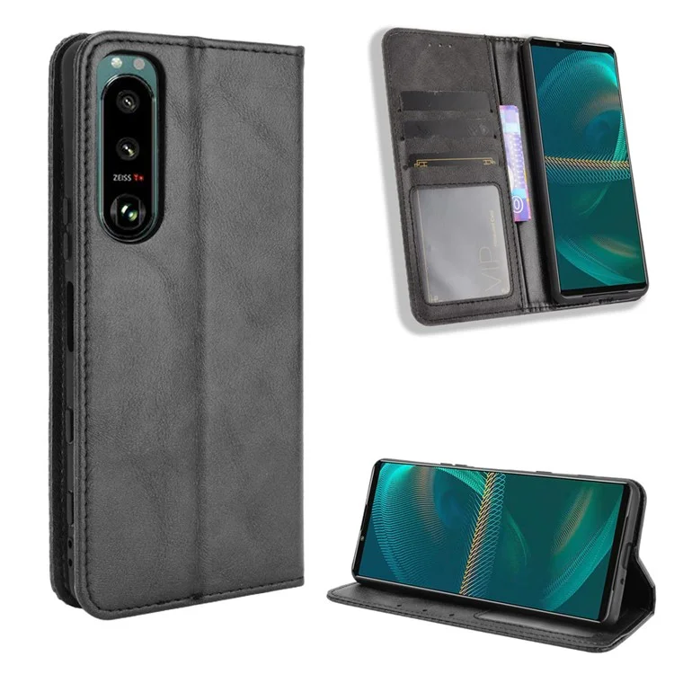 Vintage Style Leder Cover Stand Wallet Phone Case für Sony Xperia 5 III 5G - Schwarz