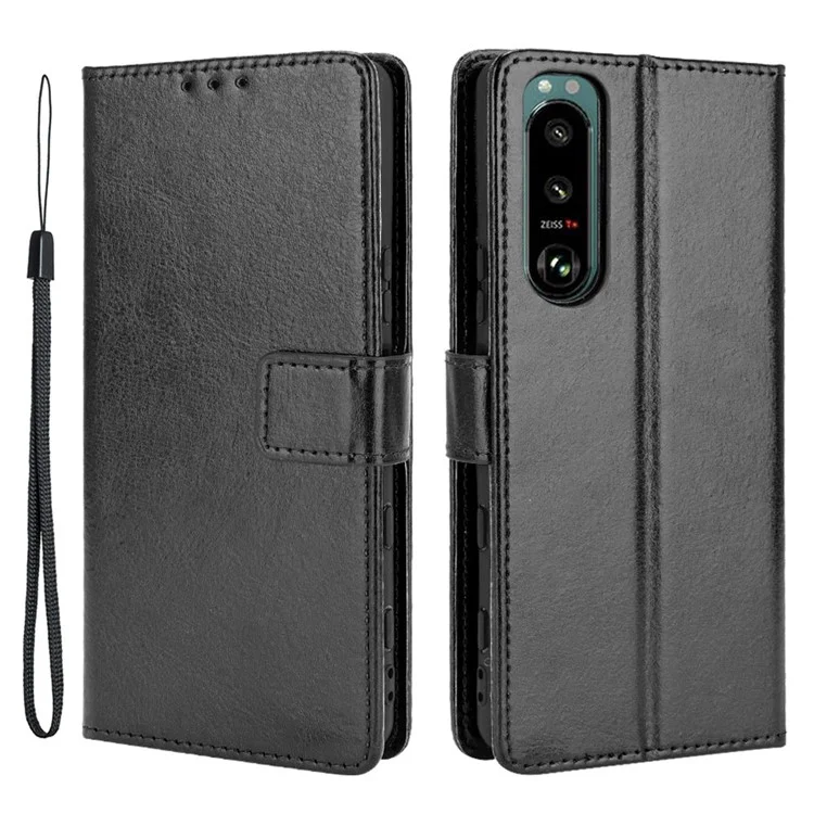 Crazy Horse Horse Skin Leather Carteira Capa Protetora Com Suporte e Cinta Para Sony Xperia 5 III 5G - Preto
