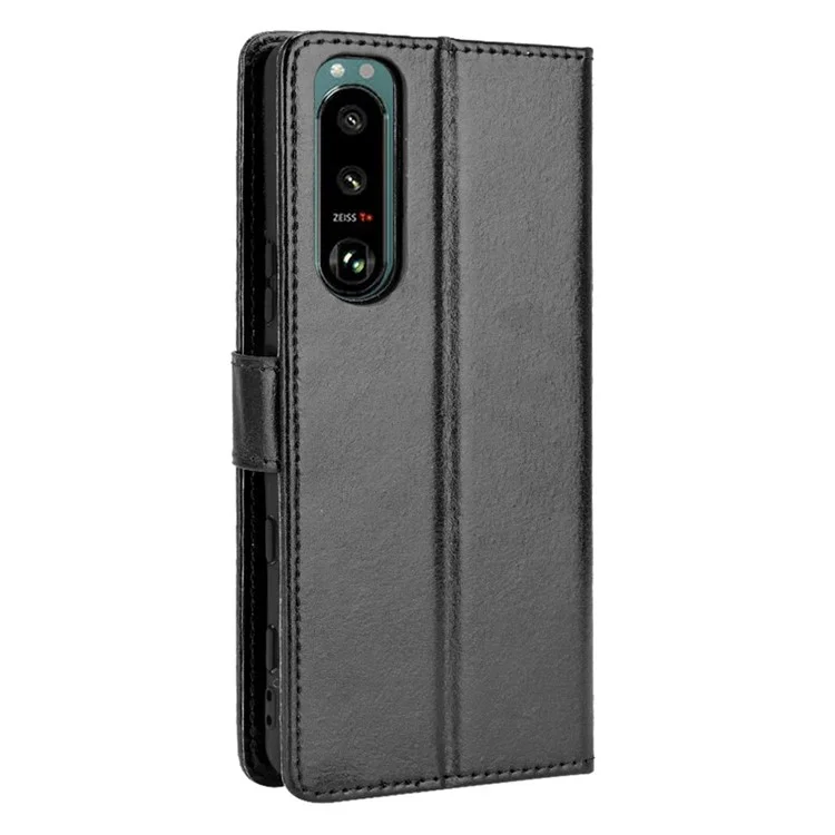 Crazy Horse Horse Skin Leather Carteira Capa Protetora Com Suporte e Cinta Para Sony Xperia 5 III 5G - Preto