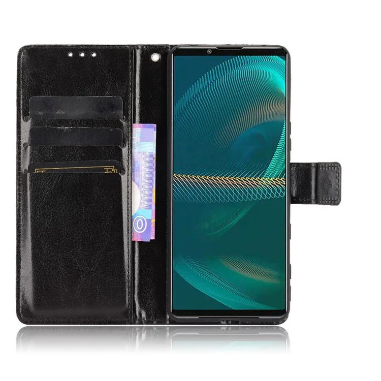 Crazy Horse Horse Skin Leather Carteira Capa Protetora Com Suporte e Cinta Para Sony Xperia 5 III 5G - Preto