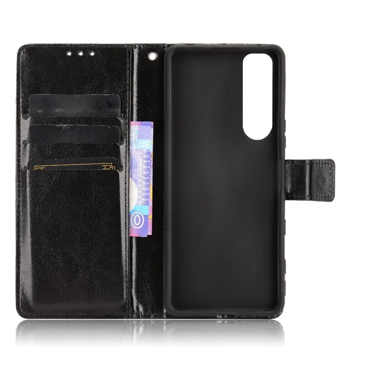 Crazy Horse Horse Skin Leather Carteira Capa Protetora Com Suporte e Cinta Para Sony Xperia 5 III 5G - Preto