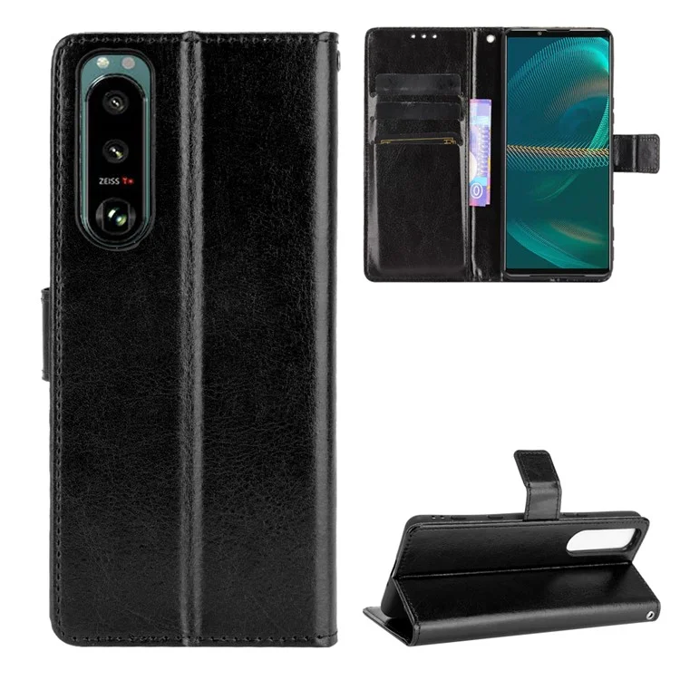 Crazy Horse Horse Skin Leather Carteira Capa Protetora Com Suporte e Cinta Para Sony Xperia 5 III 5G - Preto