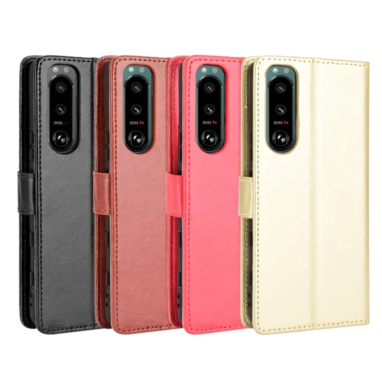 Crazy Horse Horse Skin Leather Carteira Capa Protetora Com Suporte e Cinta Para Sony Xperia 5 III 5G - Preto