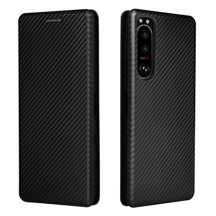 Capa de Telefone Celular Stand para Sony Xperia 5 III 5G, Textura de Fibra de Carbono, Caso de Telefone Celular Auto-absorvido - Preto