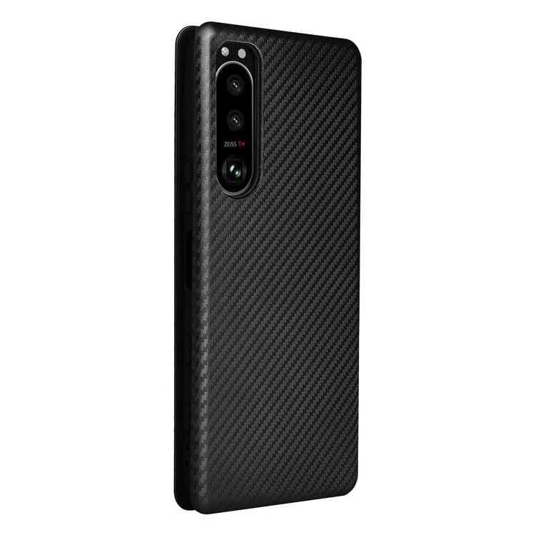 Capa de Telefone Celular Stand para Sony Xperia 5 III 5G, Textura de Fibra de Carbono, Caso de Telefone Celular Auto-absorvido - Preto