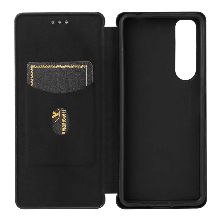Capa de Telefone Celular Stand para Sony Xperia 5 III 5G, Textura de Fibra de Carbono, Caso de Telefone Celular Auto-absorvido - Preto