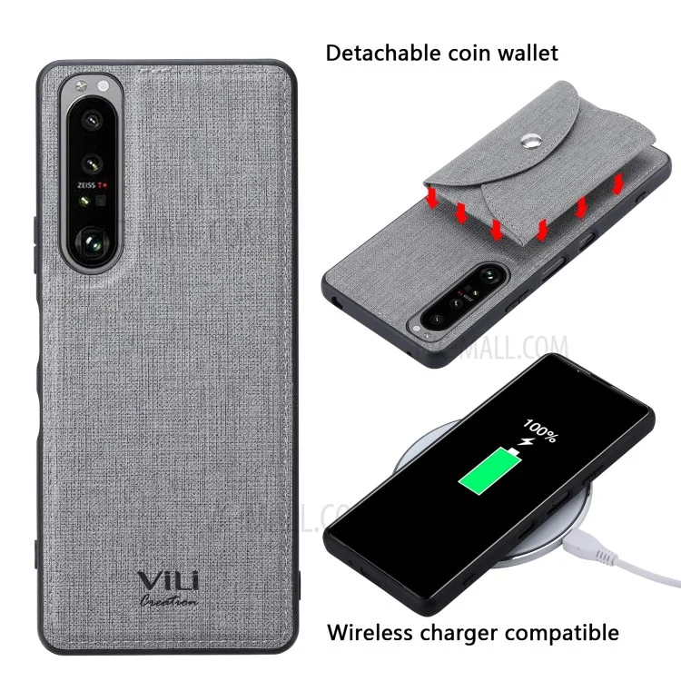 Vili T Series Couro de Couro TPU Shell Com Carteira Móvel Absorvida Magnética Para Sony Xperia 1 III 5G - Cinza