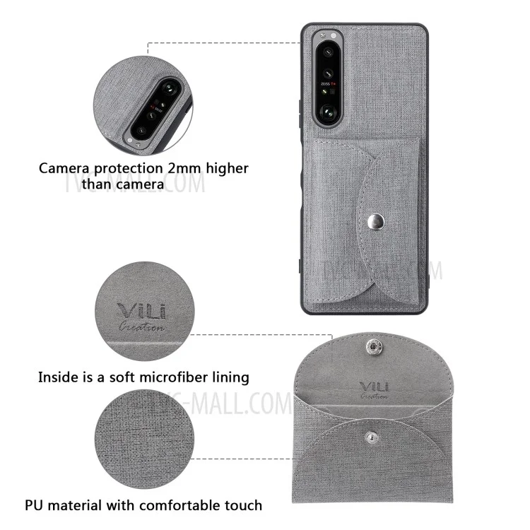 Vili T Series Couro de Couro TPU Shell Com Carteira Móvel Absorvida Magnética Para Sony Xperia 1 III 5G - Cinza