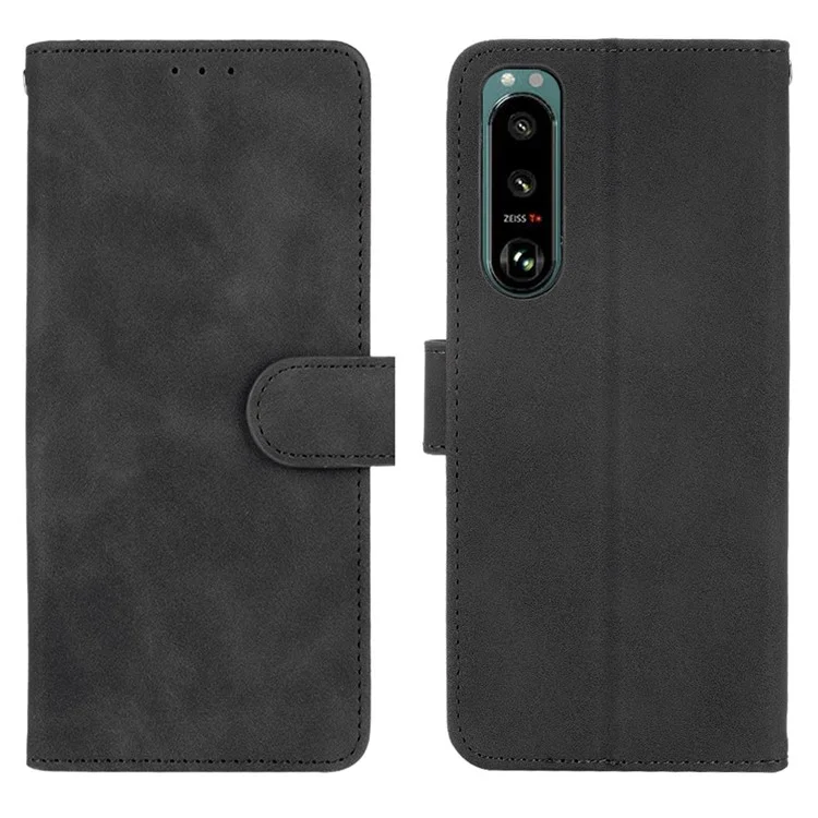 Silky Touch Leather Wallet Stand Phone Cover Case for Sony Xperia 5 III 5G - Black