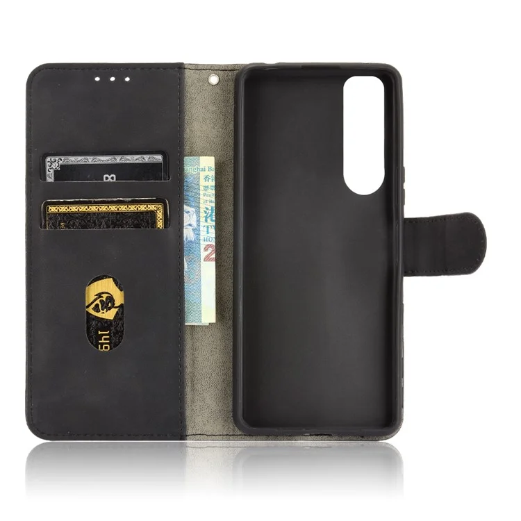 Silky Touch Leather Wallet Stand Phone Cover Case for Sony Xperia 5 III 5G - Black