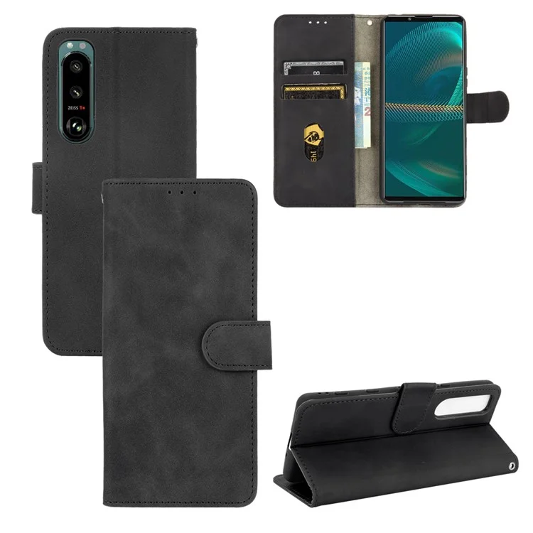 Silky Touch Leather Wallet Stand Phone Cover Case for Sony Xperia 5 III 5G - Black