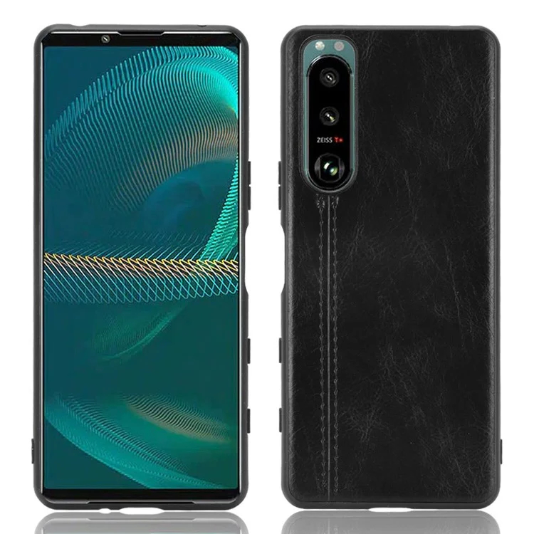 Design Della Linea di Cucitura Rivestita in Pelle PU Pc+coperchio Del Telefono Ibrido Tpu Per Sony Xperia 5 III 5G - Nero