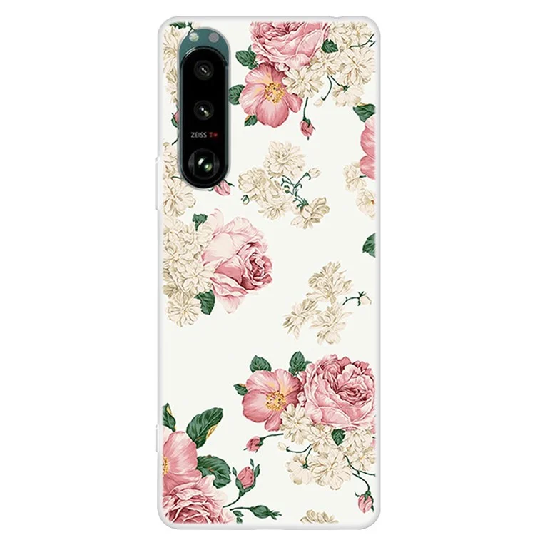 Custodia per telefono flessibile in TPU con stampa a motivo di protezione completa per Sony Xperia 5 III 5G - Base bianca a fiori