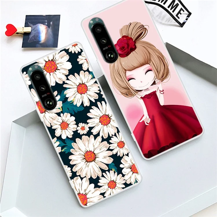 Custodia per telefono flessibile in TPU con stampa a motivo di protezione completa per Sony Xperia 5 III 5G - Base bianca a fiori