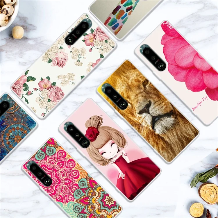 Custodia per telefono flessibile in TPU con stampa a motivo di protezione completa per Sony Xperia 5 III 5G - Base bianca a fiori